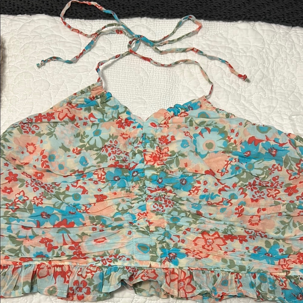 Blue and Pink Crop Camisole with Ruffled Tie Front